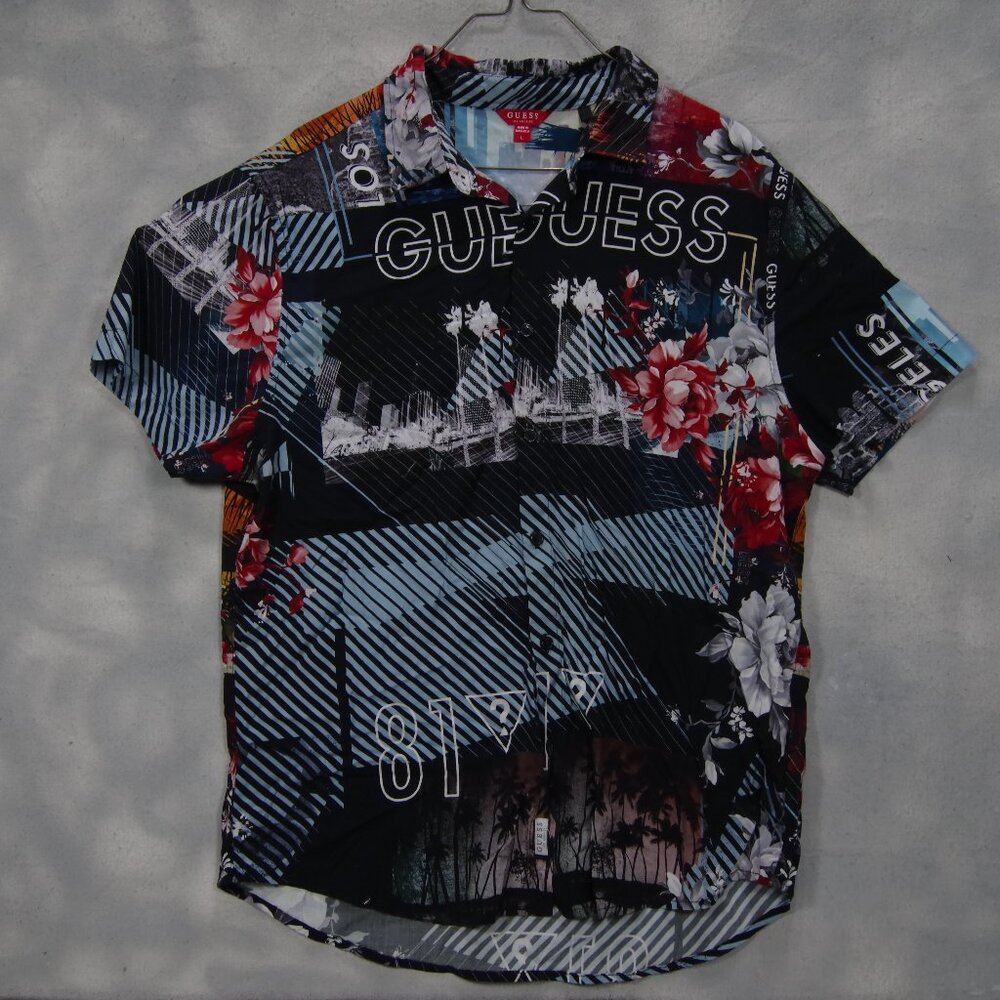 Guess Men's Short Sleeve Shirt Los Angeles Skyline Floral Print 1981 Button Up